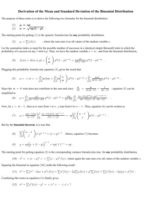 Derivation Of The Mean And Standard Deviation Of The Binomial