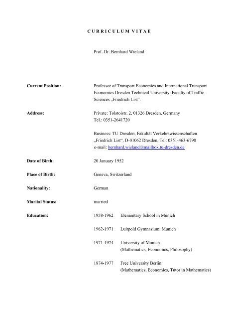 C U R R I C U L U M V I T A E Prof Dr Bernhard Wieland Current C U R R I C U L U M V I T A E Prof Dr Bernhard Wieland Current