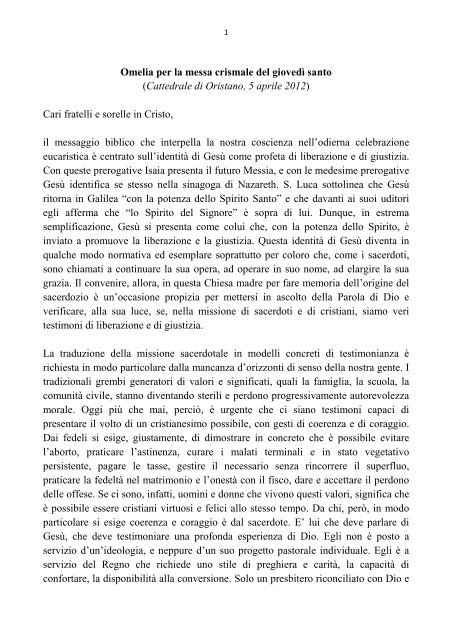 Omelia per la S. Messa Crismale 2012 - Mons. Ignazio Sanna