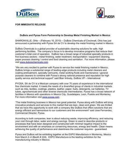 DuBois Partners with Pyosa - DuBois Chemicals