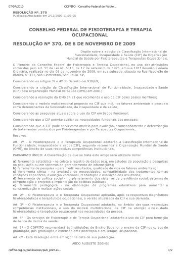RESOLUÃÃO COFFITO nÂº 370, de 6 de novembro de 2009 - Crefito ...