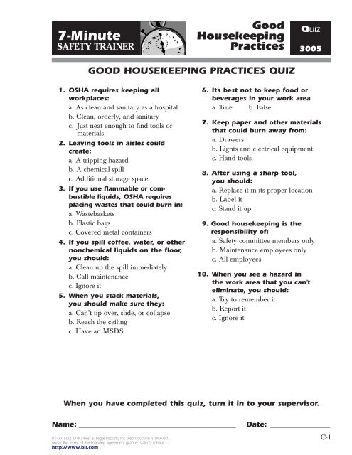 good housekeeping practices quiz - Monarch Beverage