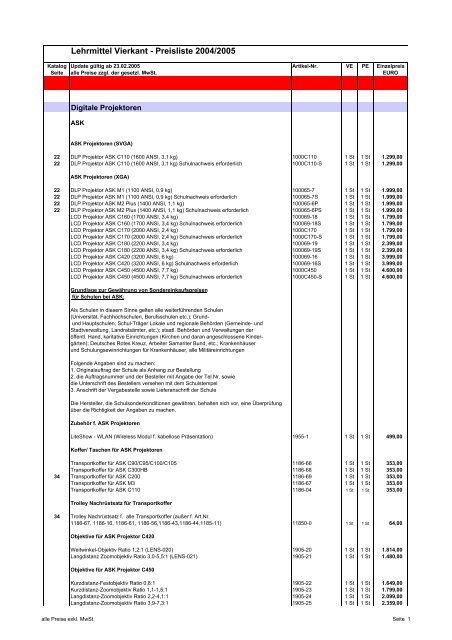 Preisliste fÃ¼r Digitale Projektoren und ZubehÃ¶r - Lehrmittel-Vierkant