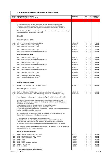 Preisliste fÃ¼r Digitale Projektoren und ZubehÃ¶r - Lehrmittel-Vierkant