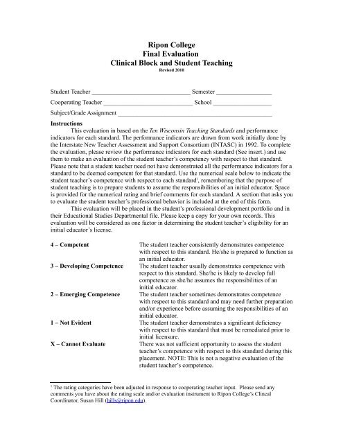 Final Clinical Evaluation Form - Ripon College