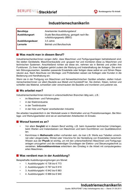 Industriemechaniker/in Steckbrief Industriemechaniker/in