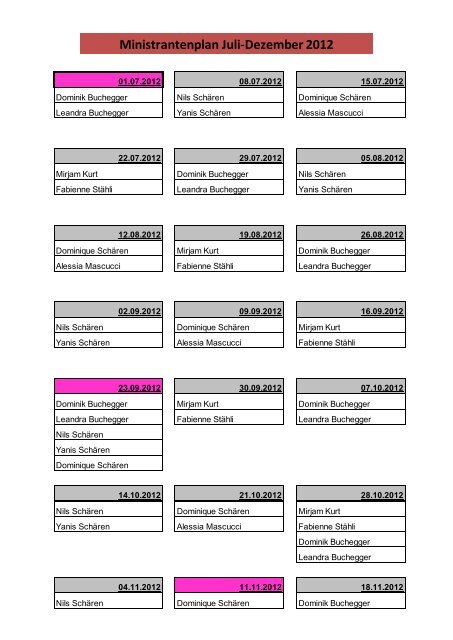 Ministrantenplan Juli-Dezember 2012