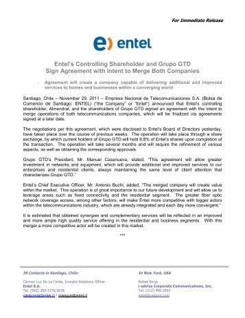 Entel's Controlling Shareholder and Grupo GTD Sign Agreement ...