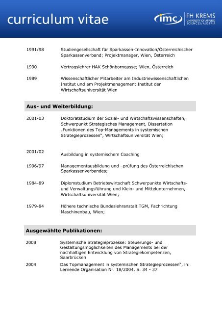 Curriculum Vitae - Vorlage - IMC Fachhochschule Krems Gmbh