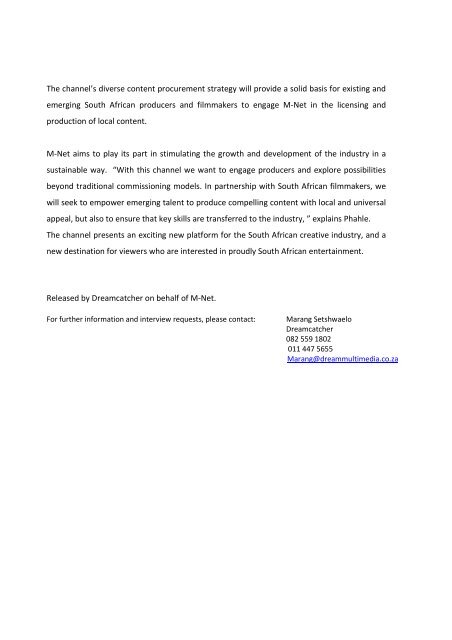 For Immediate Release May 25 , 2010 MZANSI ... - (M-Net) Corporate