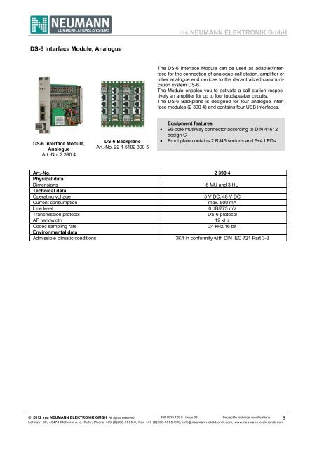 DS-6 Intercom System Product Catalogue - Neumann Elektronik