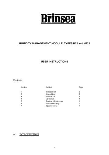 HUMIDITY MANAGEMENT MODULE TYPES H22 and H222 USER ...