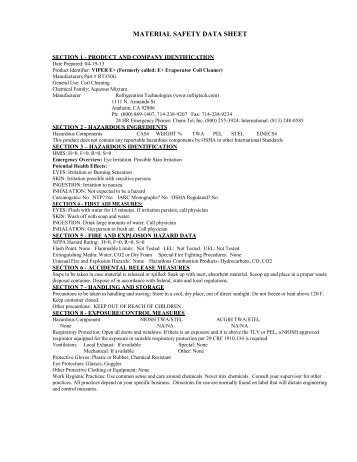 the Material Safety Data Sheet (PDF) - Refrigeration Technologies