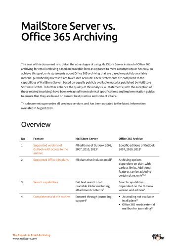 office 365 â email archiving capabilities compared - MailStore