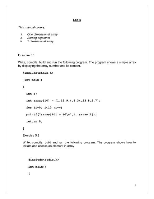 Lab 5 This manual covers: i. One dimensional array ii. Sorting ...