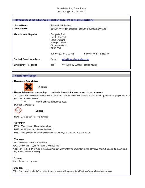 Material Safety Data Sheet According to 91/155 ... - Swimming Pools