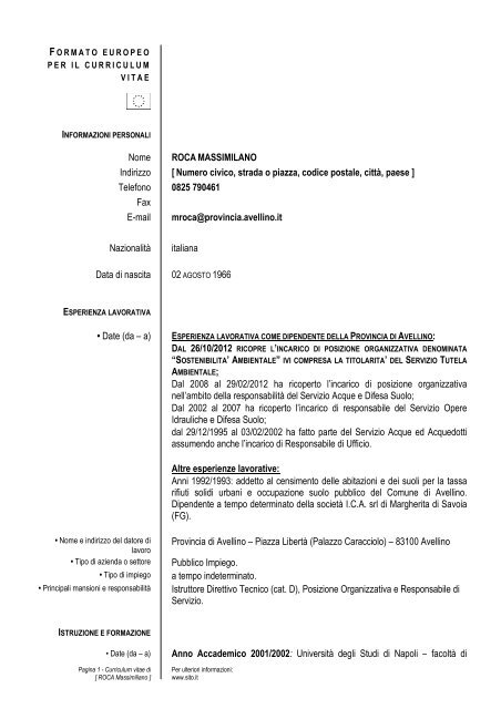 curriculum ROCA formato Europeo - Provincia di Avellino