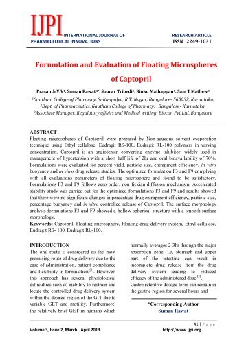 Formulation and Evaluation of Floating Microspheres of Captopril - IJPI