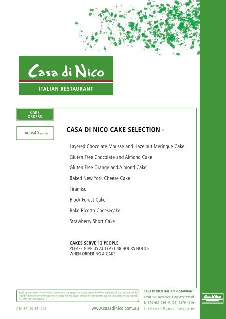 CASA Di niCo CAKE SElECtion - Nick's Seafood Restaurants