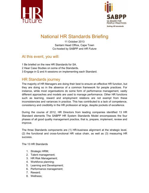 National HR Standards Briefing Brochure Cape Town - SABPP