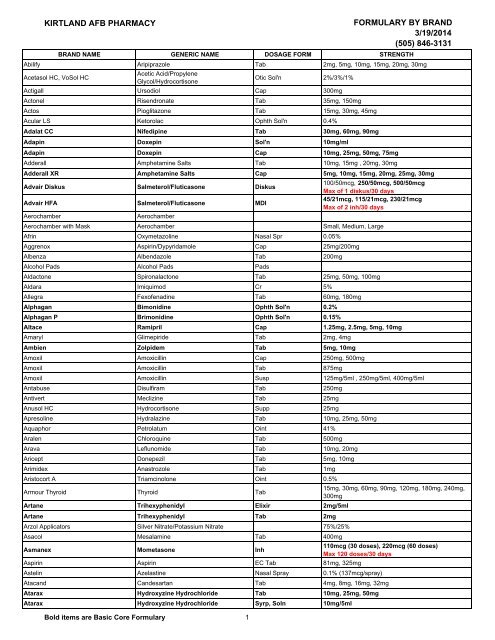 kirtland afb pharmacy formulary by brand 6/14/2013 846-3131