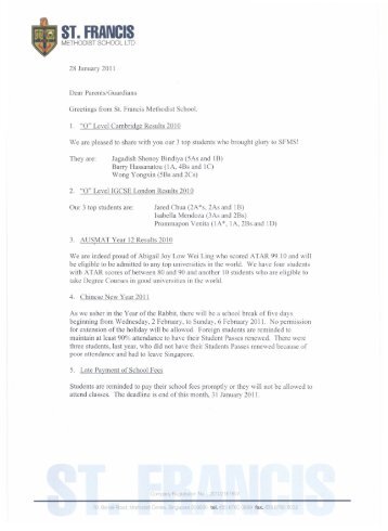 Letter to Parents - St. Francis Methodist School