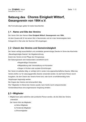 Satzung des Chores Einigkeit Wittorf, Gesangverein von 1904 eV