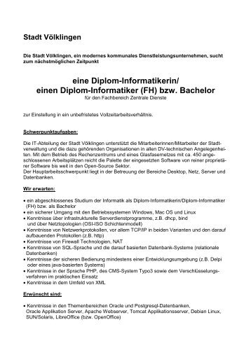 Stellenausschreibung Diplom-Informatiker - Stadt VÃ¶lklingen