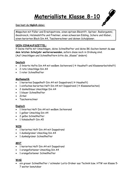 Materialliste Klasse 8-10