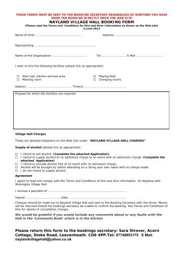 NAYLAND VILLAGE HALL BOOKING FORM Please return this form ...