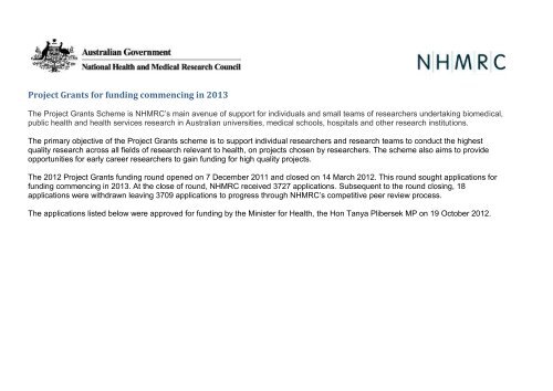 NHMRC Project Grants - commencing 2013