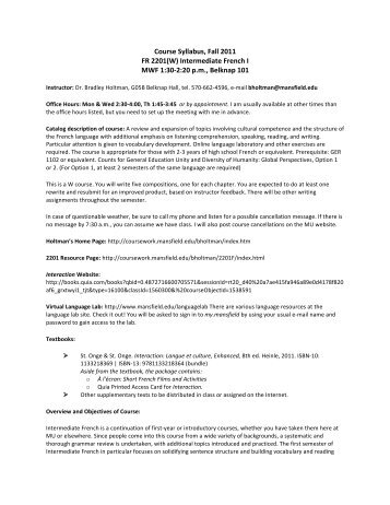 Course Syllabus, Fall 2011 FR 2201(W) Intermediate French I MWF ...