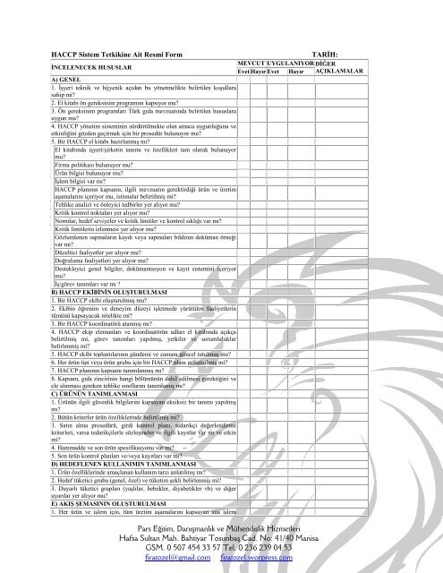 Ek 4 HACCP Sistem Tetkikine Ait Resmi Form - FÄ±rat ÃZEL - Pars ...