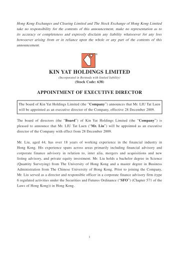 appointment of executive director - Kin Yat Holdings Limited
