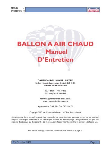 BALLON A AIR CHAUD Manuel D'Entretien - Cameron Balloons