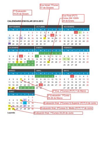 Calendario Escolar con fechas de Evaluaciones