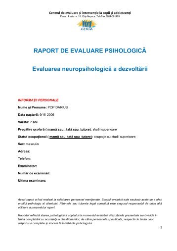 Model Raport Evaluarea nivelului de dezvoltare ... - ceica