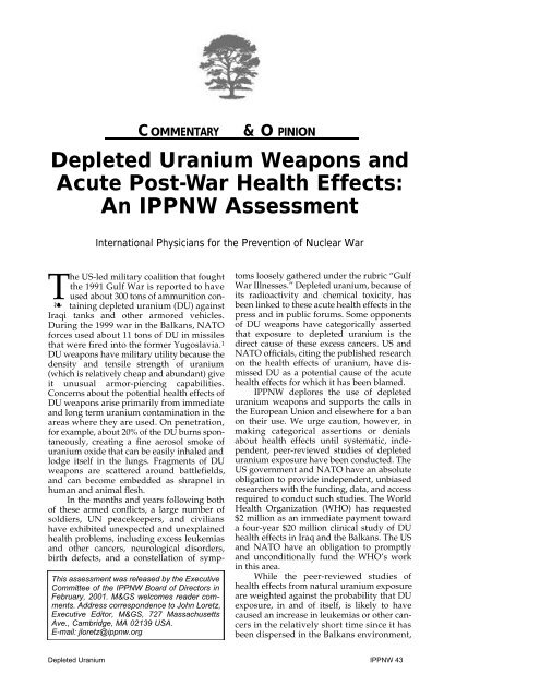 Depleted Uranium Weapons and Acute Post-War Health Effects: An ...