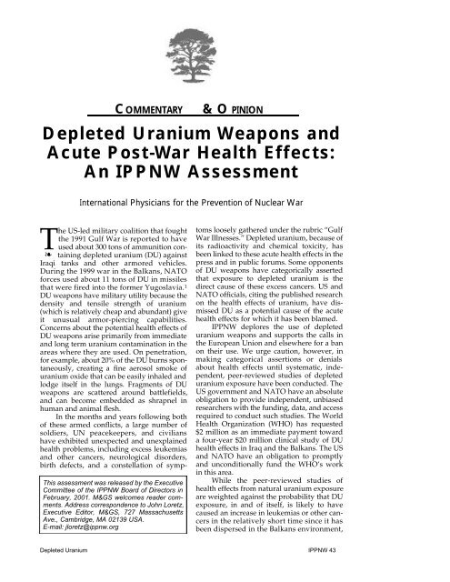 Depleted Uranium Weapons and Acute Post-War Health Effects: An ...