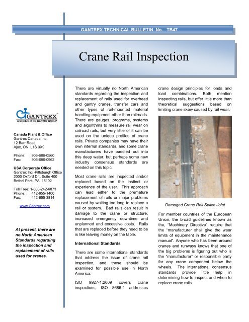 Gantrex Technical Bulletin #47: Crane Rail Inspection