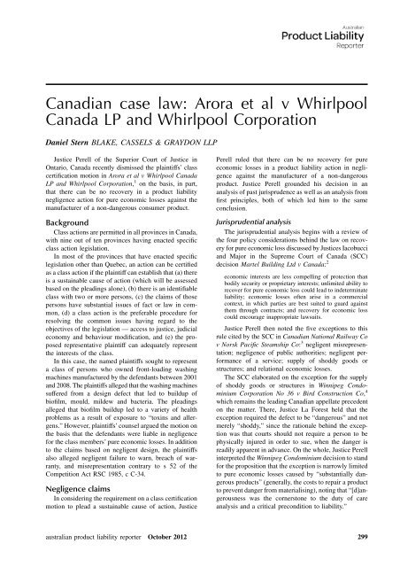 Canadian case law: Arora et al v Whirlpool Canada LP and ...