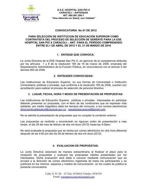 CONVOCATORIA NO 1 DE 2012 - Caracolí