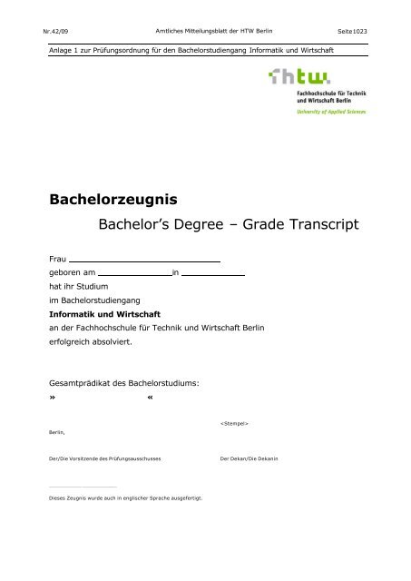 Bachelorzeugnis Bachelor's Degree Grade Transcript Bachelorzeugnis Bachelor's Degree Grade Transcript