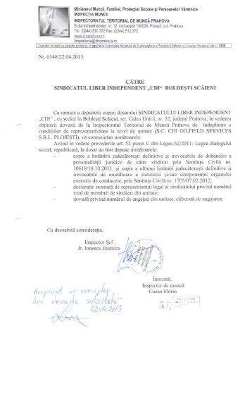 14. Sindicatul Liber Independent "CDI" Boldesti Scaieni - ITM Prahova
