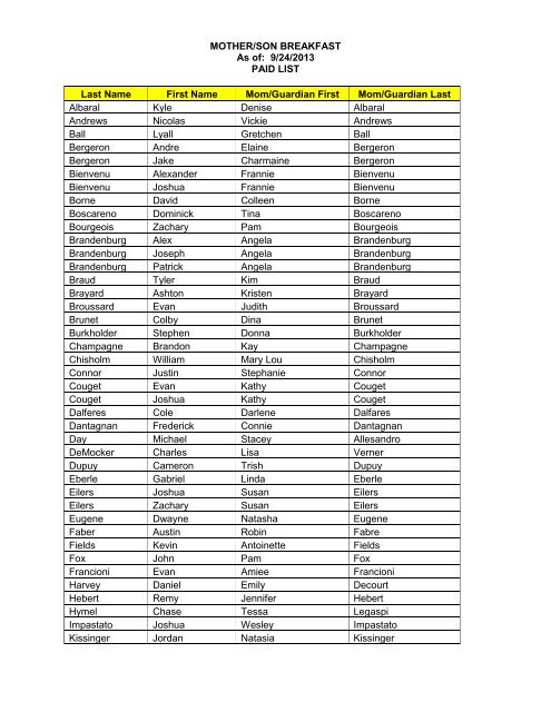 MOTHER/SON BREAKFAST As of: 9/24/2013 PAID LIST Last Name ...