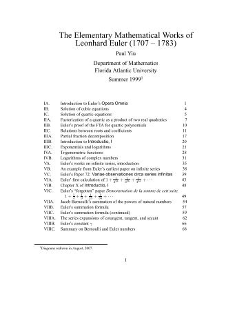 The Elementary Mathematical Works of Leonhard Euler (1707 – 1783)