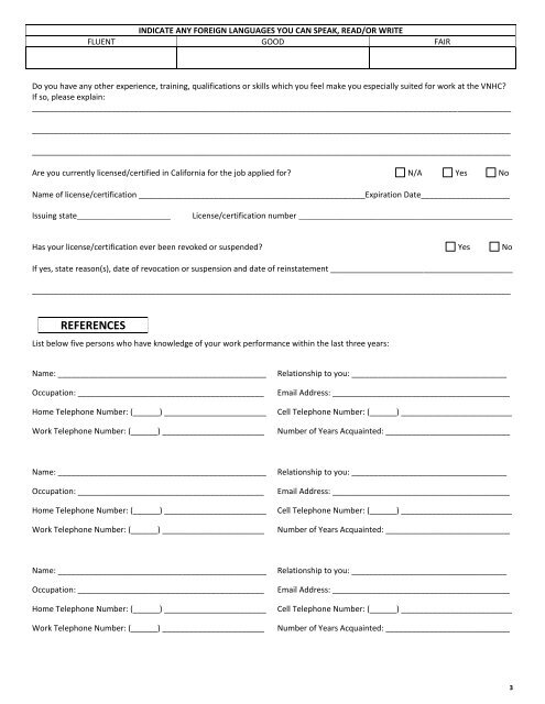 APPLICATION FOR EMPLOYMENT - Visiting Nurse & Hospice Care