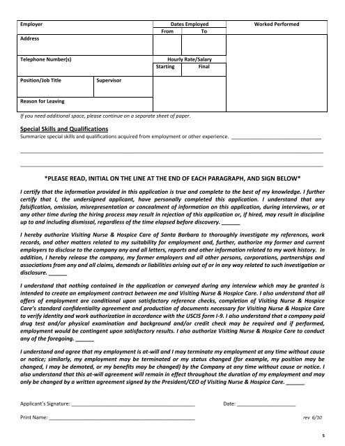 APPLICATION FOR EMPLOYMENT - Visiting Nurse & Hospice Care