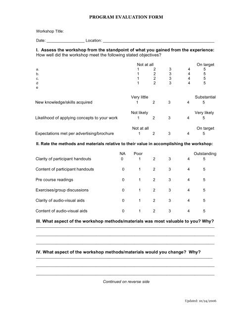 Program Evaluation Form I Assess The Workshop From The