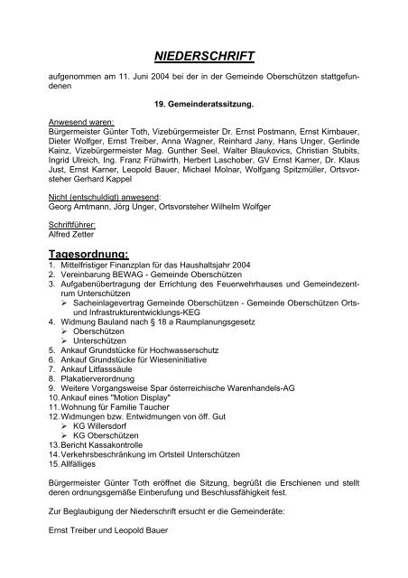 NIEDERSCHRIFT - Oberschützen